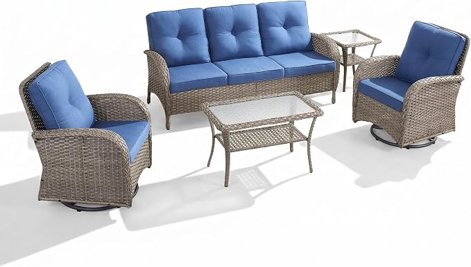 5 Piece Patio Furniture Sets - Wicker Patio Conversation Sets with Swivel Glider, 3 Seat Sofa, Tempered Glass Side Table and Coffee Table for Deck Backyard - Grey Wicker Blue Cushion