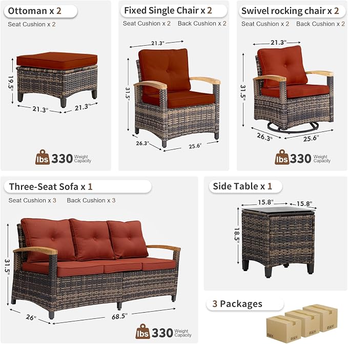 MEISSALIVVE 8 Pieces Outdoor Patio Furniture Sets, Wicker Patio Conversation Sets with 2 Wood Armrests Swivel Glide Chairs,2 Single Chairs, 3-seat Sofa (Red)