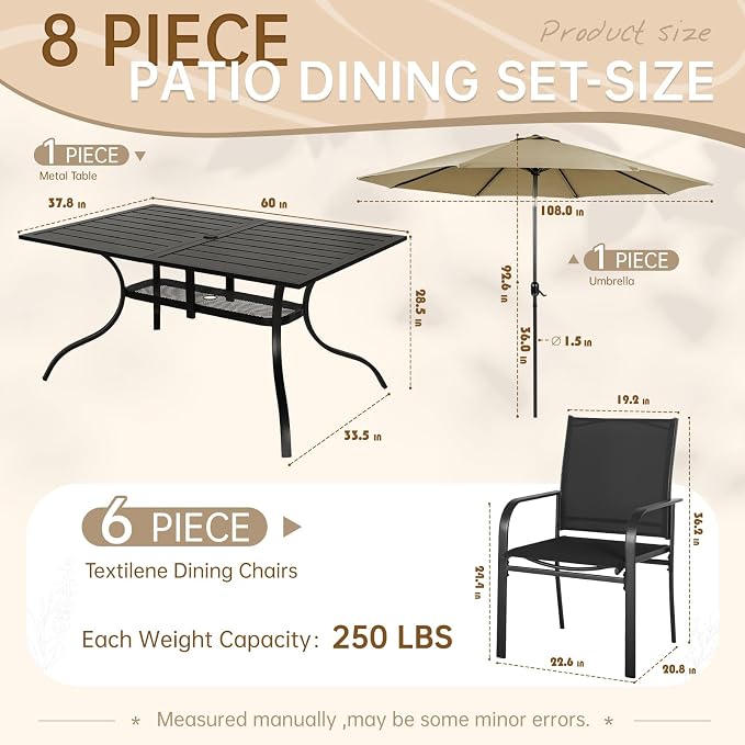 SUNCROWN 8 - Piece Outdoor Dining Set, Patio Furniture Set with 6 Textilene Dinning Chairs, 1 Rectangle Metal Table and 1 Brown 9Ft Patio Umbrella for Lawn Garden Backyard Deck, Black