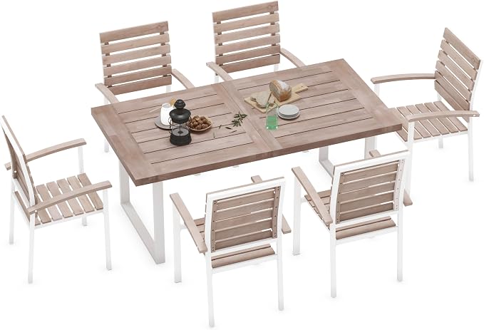 WiberWi 7 Piece Outdoor Dining Set for 6, Acacia Wood 59.1" Patio Table and Chairs Set with Metal Frame, Patio Dining Furniture Set for Garden, Balcony, Backyard, Poolside, Natural & White