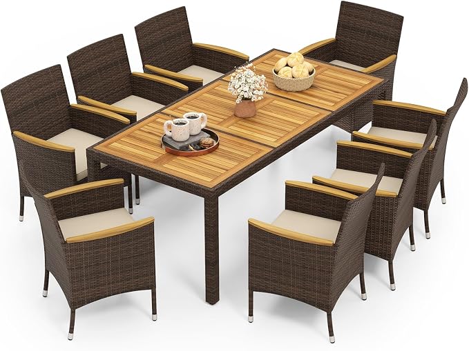 9 Pieces Patio Dining Set for 8, Outdoor Acacia Wood Table and PE Rattan Chairs with 2" Umbrella Hole, Cushions, Wicker Outdoor Dining Furniture Set for Backyard, Garden, Deck(Beige)
