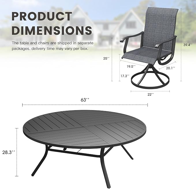 Outdoor Dining Set for 8, 63.1" Metal Round Outdoor Dining Table with Umbrella Hole and Sling Patio Swivel Chairs, 9 Pieces Patio Table and Chairs Set for Garden Backyard, Charcoal and Black