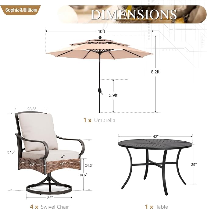 Sophia & William Patio Table and Chairs with 10ft 3 Tier Auto-tilt Beige Umbrella, 6 Piece Outdoor Table Furniture Set with 4 Padded Swivel Rocker Dining Chairs, 1 Round Metal Table and 1 Umbrella