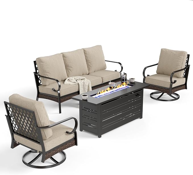 SUNSHINE VALLEY 4 Piece Black Metal Outdoor Patio Furniture Sets with Firepit Table, Patio Conversation Sets 1 3-Seater Sofa, 2 Swivel Sofa with 5.75" Thick Cushion Backyard Furniture for Deck, Beige