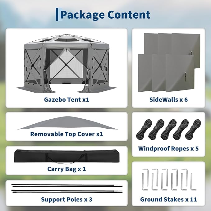GarveeLife 13x13FT 6-Sided Pop Up Gazebo Tent,One-Push Setup Canopy Tent with Removable Canopy Top & Wind Cloths, Outdoor shelter for Camping, Backyard Parties, Outdoor Events - Grey