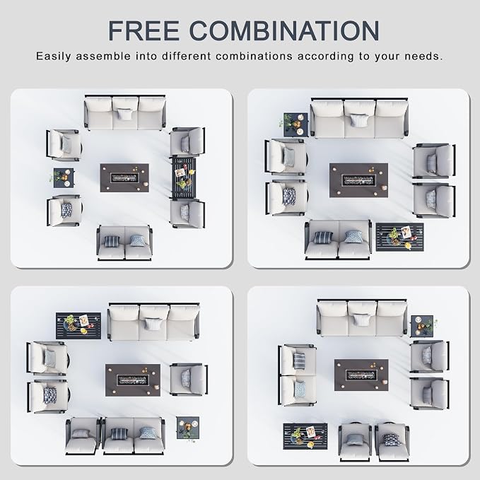 9 Pieces Outdoor Patio Conversation Sets, Outdoor Furniture Set Metal 3-Seater 2 Swivel Rockers with Side Table 2 Single Chairs 1 Loveseat with Coffee Table and Fire Pit Table, Beige