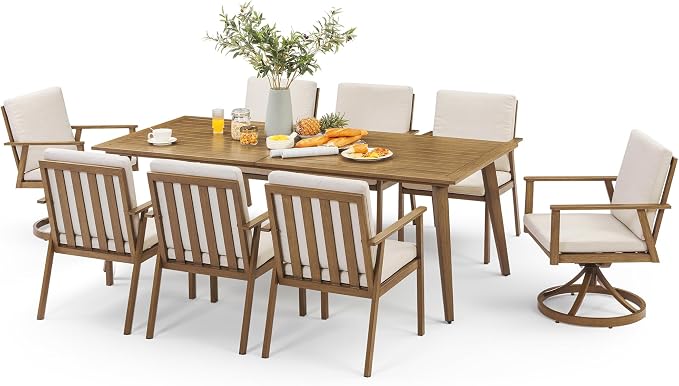 9 Pieces Patio Dining Set for 8, Aluminum Outdoor Dining Table Sets with Umbrella Hole, Modern Outdoor Furniture Set with 2 Swivel Chairs, 6 Dining Chairs and Table for Backyard Poolside,Teak