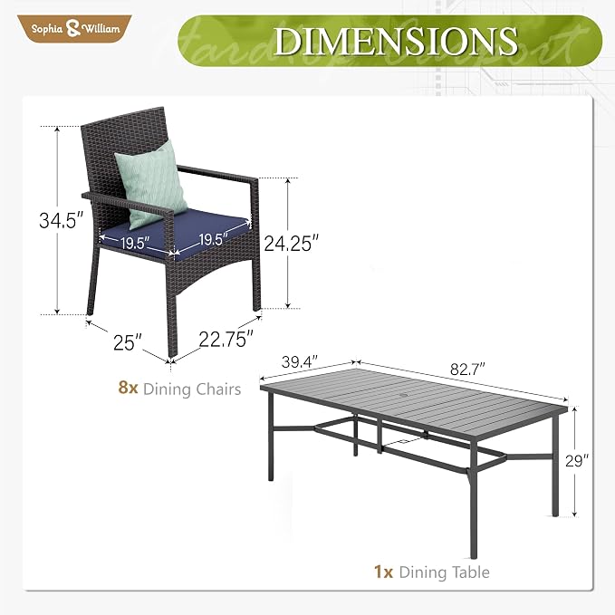 Sophia & William 9 Pieces Patio Dining Set for 8, Outdoor Patio Table and Rattan Chairs Set, 83" L Extra Large Rectangular Table, 1.8" Umbrella Hole, Beige Removable Seat Cushions