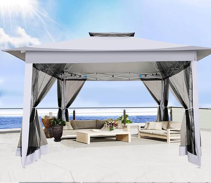 COBIZI 12x12 Pop Up Gazebos On Clearance - Upgrade Easy Up Metal Outdoor Gazebo Waterproof - Portable Gazebo with Mosquito Nettings, 4 Ropes 8 Stakes and Carry Bag for Patio Garden(Light Gray)