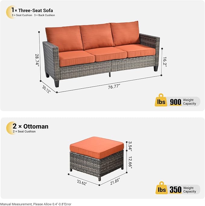 ovios 3 Pieces Patio Furniture Set Outdoor Sofa with Ottomans, Wicker Rattan Couch with Footrests Comfy Cushions, All Weather Sofas Couches for Porch Backyard Garden, Orange Red