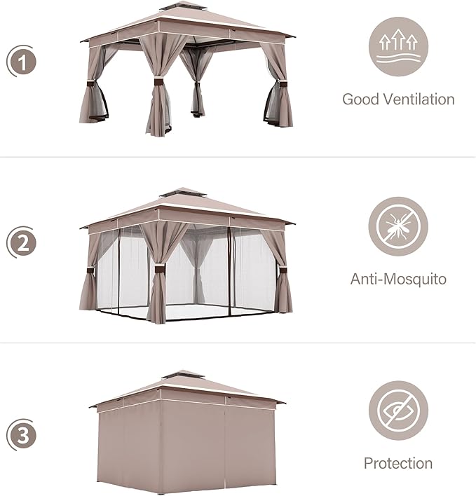LAUSAINT HOME Patio Gazebo 12'x12', Outdoor Heavy Duty Party Tent Shelter with Double Roofs, Mosquito Nettings and Privacy Screens for Backyard, Garden, Lawn, Classic Khaki