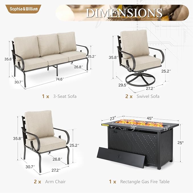 Sophia & William Patio Furniture Set Metal Outdoor Conversation Set, 3-Seater Sofa, 2 Fixed Chairs and Swivel Chairs with 5.75" Extra Thick Cushions and a 45" Fire Pit Table, Beige