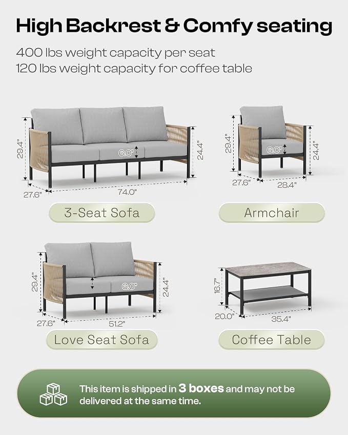 Aluminum Patio Furniture Set, 4 Seats Modern Outdoor Sectional Furniture with PE Rope & Dual-Layer Coffee Table, Luxury Patio Conversation Sets with 6" Cushions for Backyard/Garden, Gray