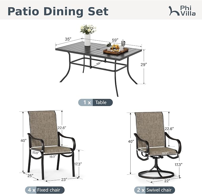 PHI VILLA Outdoor Dining Set for 6 Person, Rectangle Metal Slat Table with Umbrella Holes and 2 Swivel & 4 Fixed Chairs All Weather Patio Table and Chairs for Deck Garden Yard