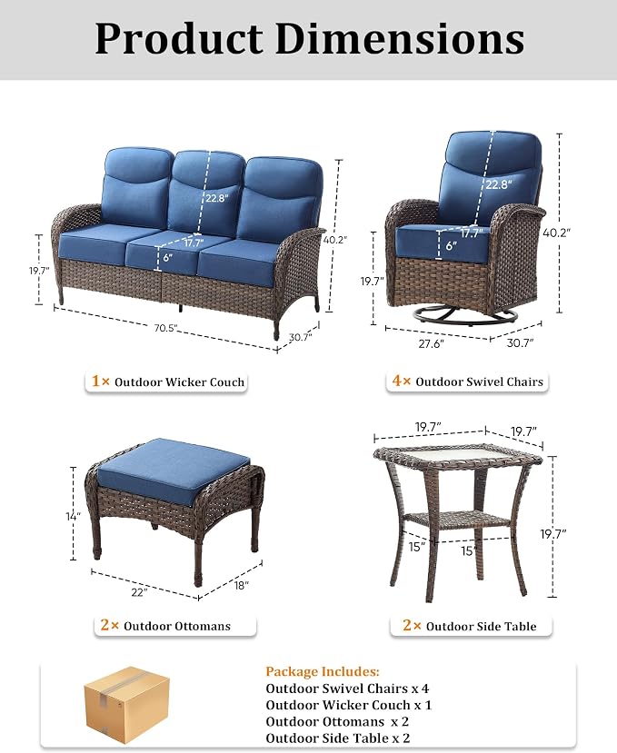 9-Piece Luxury Patio Furniture Set with 6-Inch Thick Cushions, High-Back Outdoor 4 Swivel Rocking Chairs with Wicker Side Table, All-Weather Conversation Set for Porch, Deck, Yard or Poolside – Blue