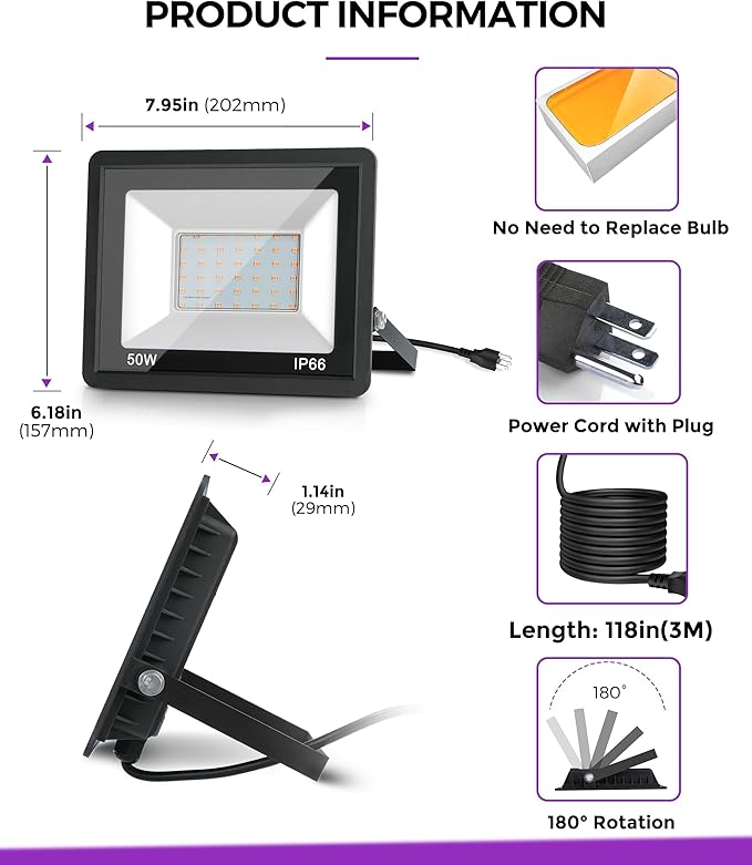 L LOHAS LED Purple Christmas Halloween Flood Light Outdoor, π¨πππ πΆπ΅/πΆππ 50W Plug in Flood Light, IP66 Waterproof 2300lm Outdoor Lights for Yard, Garage, Party, UL Listed