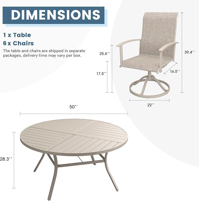 DIFY 7 Pieces Outdoor Dining Set, Metal Patio Table and Chairs Set for 6 with Umbrella Hole, 50" Round Outdoor Table and Textilene Swivel Patio Chairs for Garden, Backyard, Poolside, Sandshell