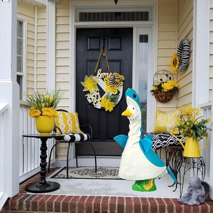 Summer Porch Goose Outfits for Large 23" H Statue Decor, Shark Blue | Costume Set Clothes, For Large Statue Decor, Outdoor Patio Lawn Garden, Plastic Cement Statue Decoration