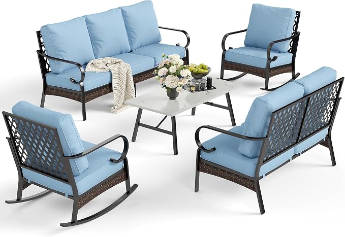 SUNSHINE VALLEY 5 Piece Metal Outdoor Patio Furniture Set, Patio Conversation Sets 3-Seater Sofa, 2-Seater Sofa, 2 Rocking Sofa with 5.75" Thick Cushion & Coffee Table Black Backyard Furniture, Blue