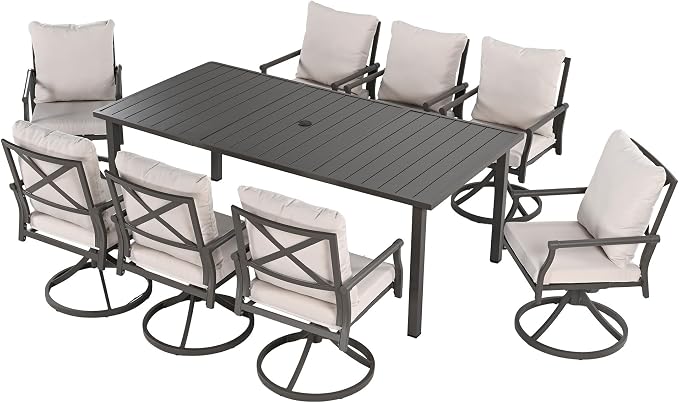 HAPPATIO Patio Dining Set, Metal Outdoor Table and Chairs Set for 8, Powder-Coated Swivel Rocking Chairs with Thick Cushions, 80" Rectangular Table with 1.9" Umbrella Hole for Deck Backyard Lawn