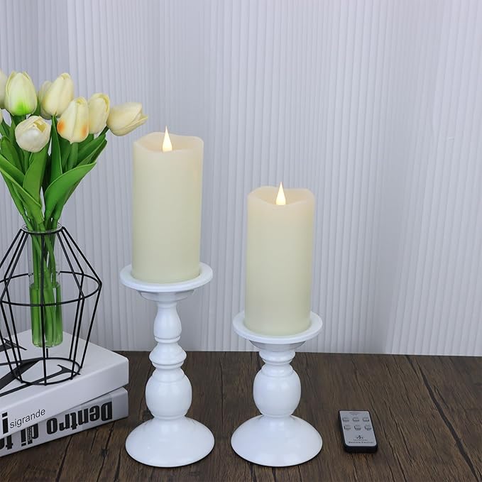 TECHLONG 3 Pack Flickering Flameless Candles Battery Operated with Timer, 3D Moving Flame Last 1000+ Hours, Ivory Real Wax Electric LED Pillar Candle for Wedding Christmas Decorations