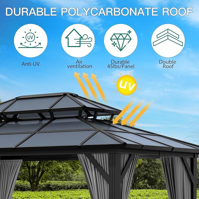 GAOMON 10'x13' Hardtop Gazebo, Outdoor Polycarbonate Double Roof Canopy, Aluminum Frame Permanent Pavilion with Curtains and Netting, Sunshade for Garden, Patio, Lawns, Gray