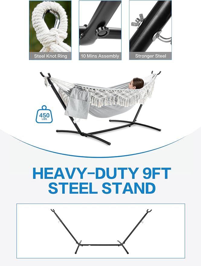 PNAEUT Handmade Tassel Hammocks, Double Hammock with Stand for Outside, Max 450 lbs Capacity, Pillow & Storage Bag Included (Grey)