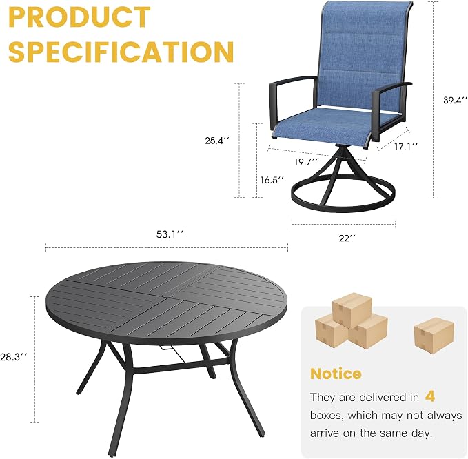 VICLLAX Patio Dining Set for 6, 6 Seats Outdoor Furniture Includes 53.1" Round Patio Table and Swivel Padded Chairs, Black Tabletop and Blue Fabric