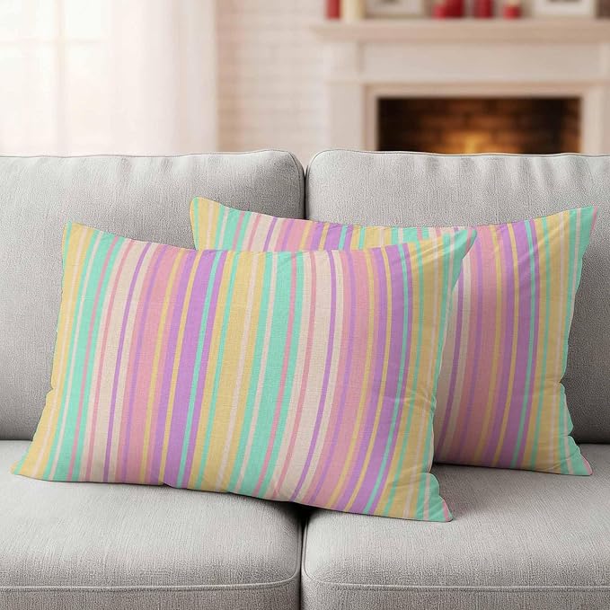 Pink Aqua Stripe Outdoor Pillow Covers 20x12 Inch Lumbar Pillow Covers Set of 2 Waterproof Decorative Throw Pillow Cases Yellow Geometric Country Geometric Cushion Covers for Patio Furniture Garden
