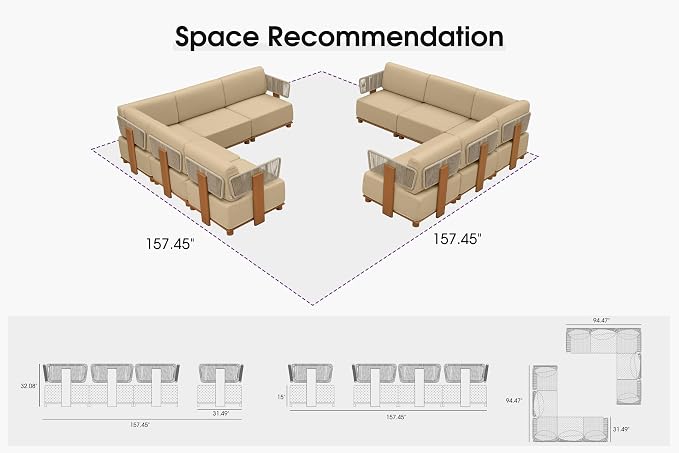 PURPLE LEAF Patio Furniture Set Modular L-Shaped Outdoor Sectional Sofa with 11" Thick Olefin Cushion 10-Piece Outdoor Conversation Set with Coffee Lights for Patio Backyard Garden Poolside, Beige