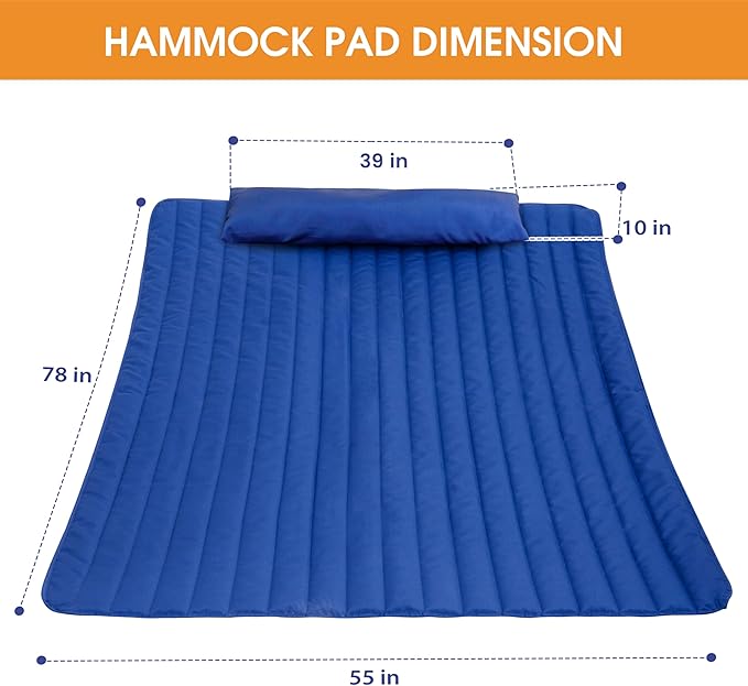 Lazy Daze Hammocks 2 Person Hammock Pad and Pillow Set, Double Polyester Quilted 78" x55" Replacement Pad for Rope Hammock, Blue