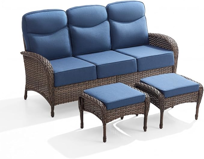 Outdoor Patio Sofa Set (3pcs) with High-Back Design—Thickened Cushions, Sofa Footstool, Patio Set, All-Weather Wicker Patio Furniture Set, Suitable for Balconies and Patios, Available in Brown/Blue