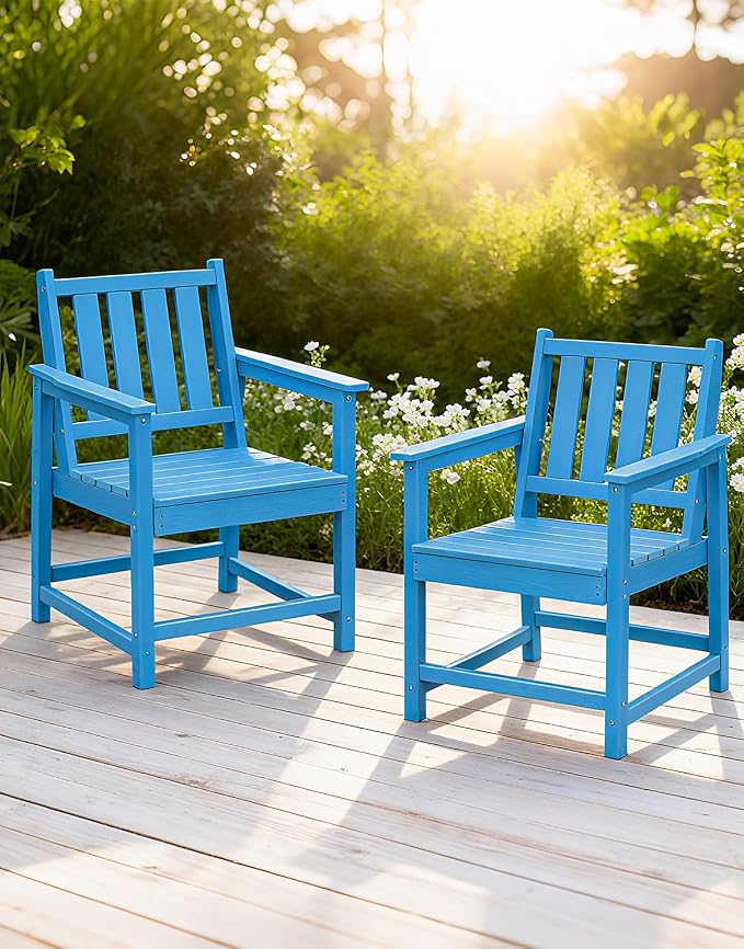 All-Weather Outdoor Chairs Set of 2, Outdoor Patio Dining Chair with Backrest and Armrest, 300 lbs Support All-Weather HDPE Furniture Patio Chair for Backyard, Garden, Deck, Blue