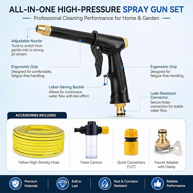 High Pressure Sprayer for Car Wash & Patio Cleaning, Easy Outdoor Watering Tool for Homeowners (AA+10 m Hose)