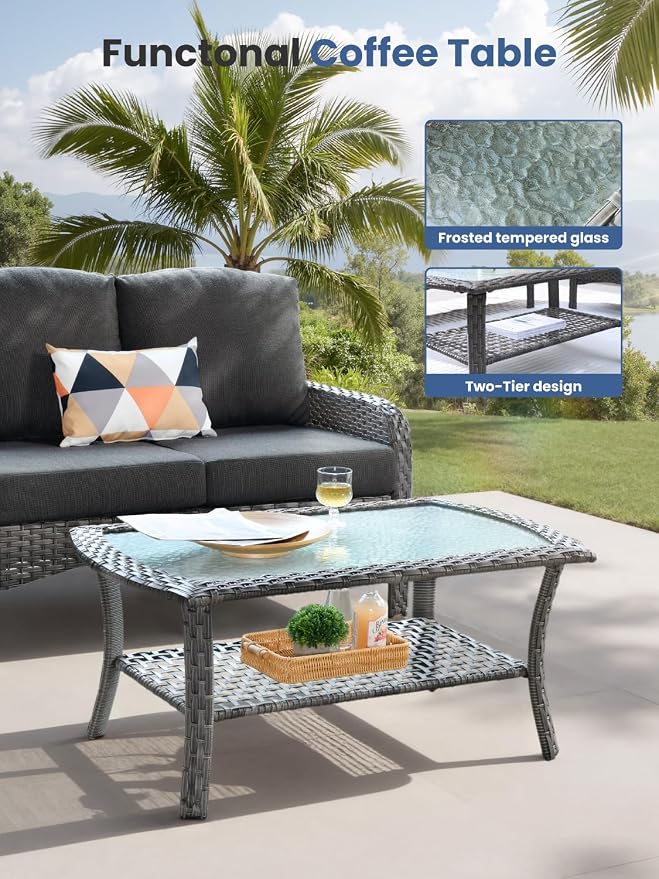 7-Piece Outdoor Patio Furniture Set with Swivel Chairs, Outdoor Conversation Wicker Sofa with Coffee Table, Rattan Couch for Deck Yard Poolside, Black
