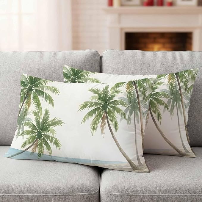 Yukro Coastal Beach Palm Tree Outdoor Waterproof Pillow Covers Pack of 2, Watercolor Coconut Tree Summer Throw Pillowcases Decorative Cushion Covers for Garden Patio Tent Sofa Couch, 20x12 inch