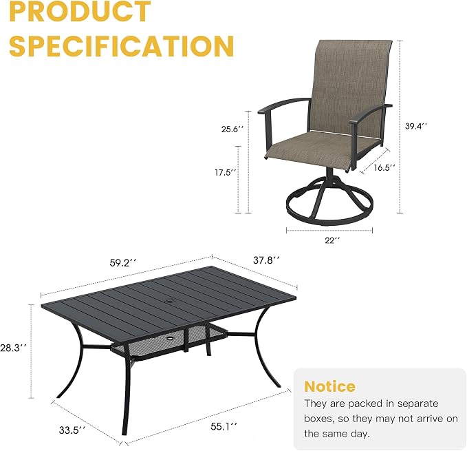 VICLLAX Patio Table and Chairs, Outdoor Dining Set for 6-59" Rectangle Outdoor Table and Swivel Chairs, Mixed Brown Fabric