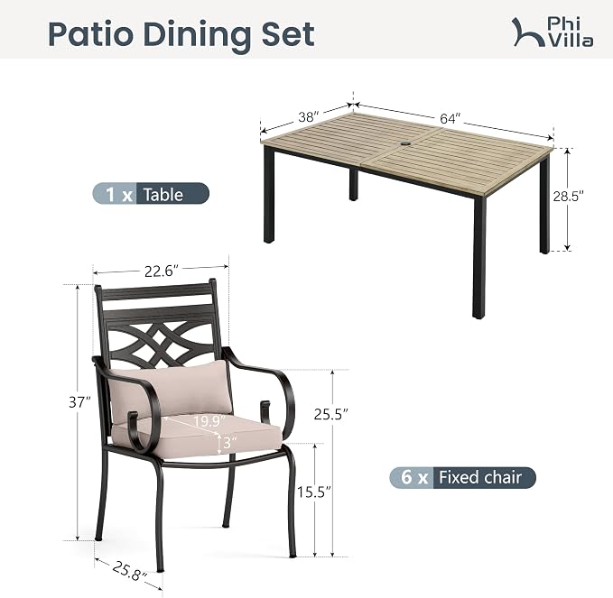 PHI VILLA 7 Piece Patio Dining Set, Rectangular Steel Table | Metal chairs, Beige Cushion, Cushions, E-coated
