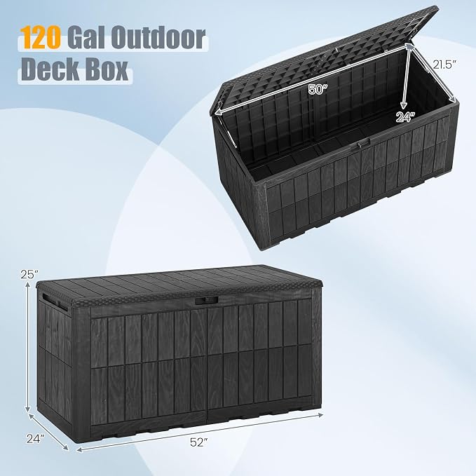 HAPPYGRILL 120 Gal Outdoor Deck Box, Lockable Storage Bin with Lid and Handles, Waterproof and Sun-Protective Patio Bench and Storage Box for Garden Tools Pool Supplies (Black, 120Gallon)