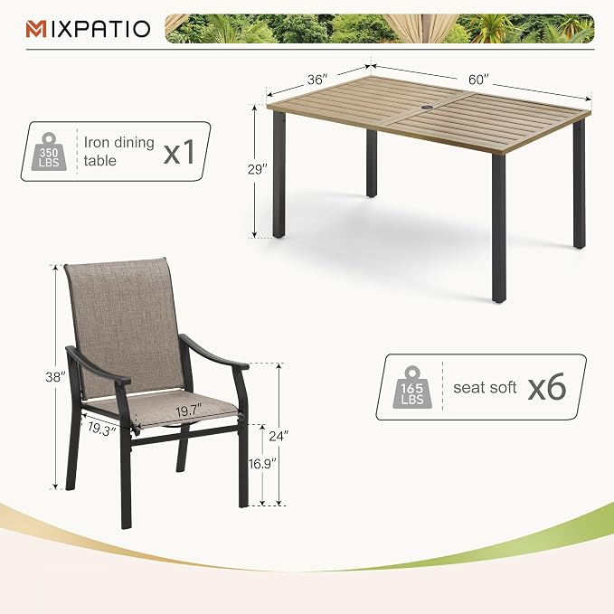 MIXPATIO 7 Pieces Patio Dining Set, 6 Person 60" Teak Table and Textilene Chairs, with 1.57" Umbrella Hole, Outdoor Patio Table and Chairs, for Garden Lawn Porch Backyard Poolside