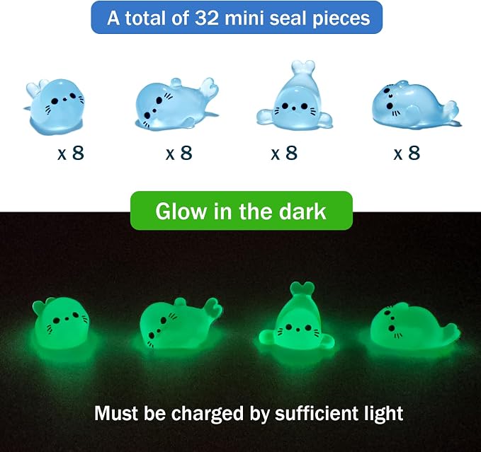 32Pcs Glow in Dark Mini Resin Seal Figurines - 4 Styles Luminous Sea Animals for Terrarium Decor, Fairy Garden, Aquarium, Small Resin Animals with Storage Box