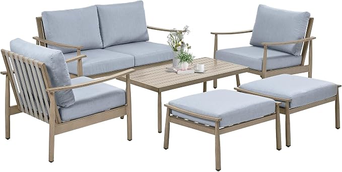HAPPATIO Patio Outdoor Furniture Set - 6 Pieces Aluminum Outdoor Conversation Set with 1 Cushioned Loveseat, 2 Armchairs, 1 Coffee Table, and 2 Ottomans for Yard, Porch, and Deck (Brown)