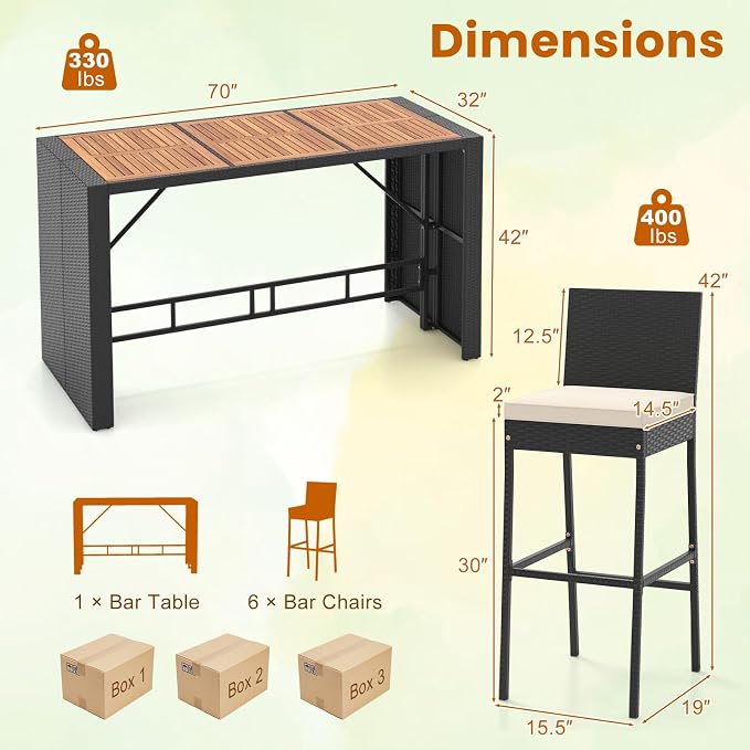 HAPPYGRILL 7-Piece Patio Bar Dining Set, PE Rattan Furniture Set w/Acacia Wood Tabletop & Soft Cushions, Outdoor Space-Saving Bar Table & 6 Armless Chairs w/Metal Frame for Balcony, Garden & Backyard