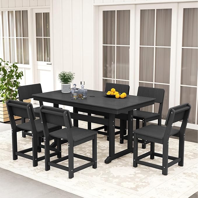 7-Piece HDPE Outdoor Patio Dining Set,Modern Plastic Dining Sets,Patio Table and Chairs Set with Umbrella Hole Cut-Out Table and 6 Chairs Black