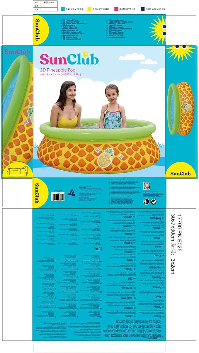 JLeisure Sun Club 17789 5 Foot x 16.5 Inch 1 to 2 Person Capacity Pineapple 3D Kids Above Ground Inflatable Outdoor Backyard Kiddie Swimming Pool