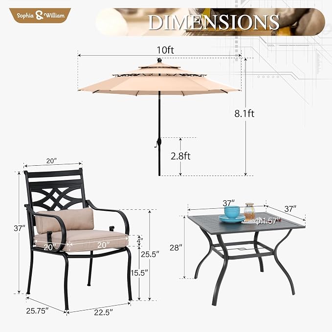 Sophia & William 6-Piece Patio Dining Set, Chairs,10ft Umbrella Beige | Cushions, Rust-Resistant Frame