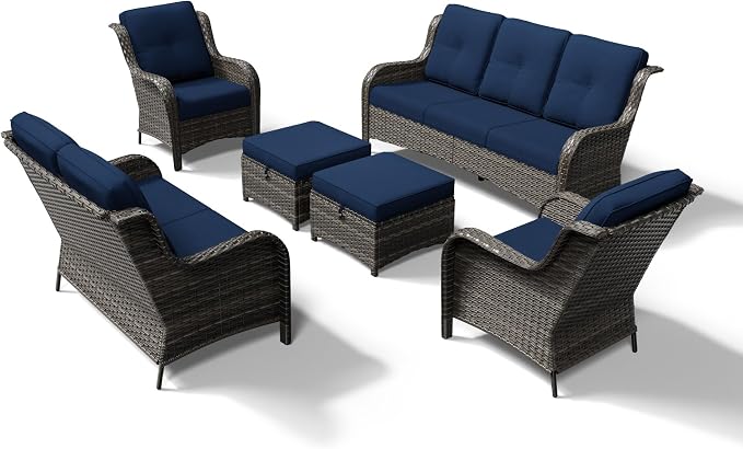 Joyside 6 Piece Wicker Patio Furniture Set, Rattan Patio Chairs with High Back, Deep Seating, Wide Armrest, Thickened Cushions, Outdoor Furniture for Deck, Porch Use