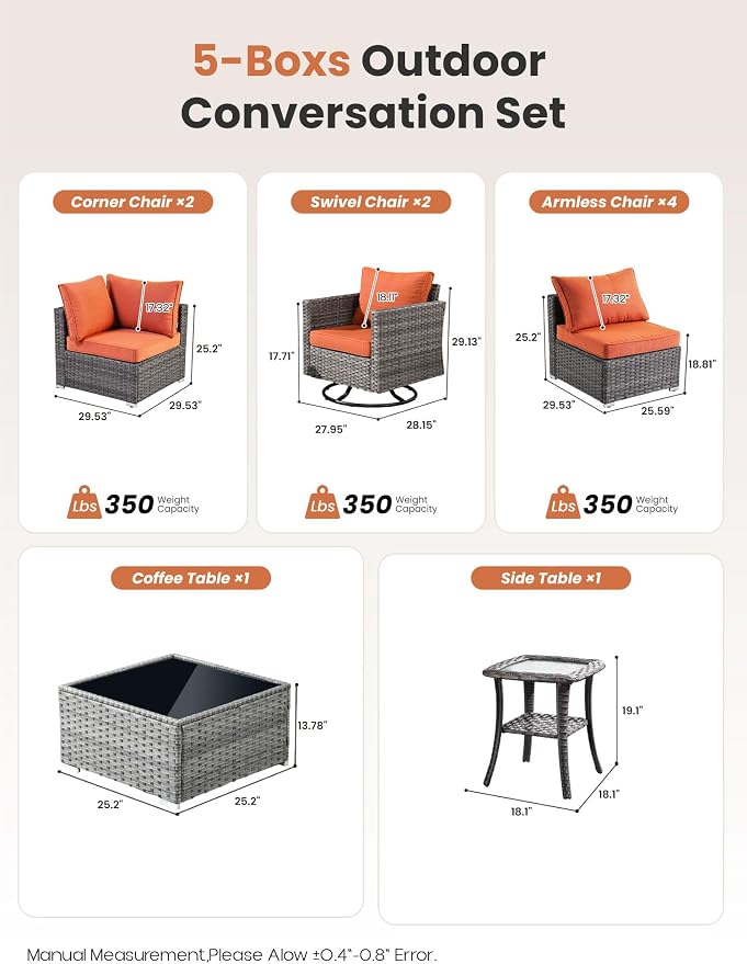 ovios Outdoor 10 Piece Coversation Set with Swivel Rocking Chair,Sectional Patio Furniture Set with All-Weather Wicker Sofa,Modern Outside Couch for Balcony Backyard Pool, Orange