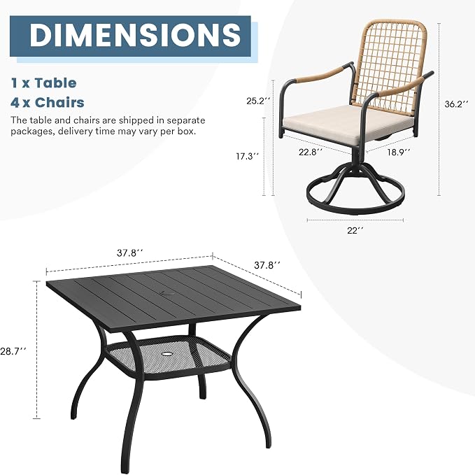 DIFY 5 Pieces Outdoor Dining Set, Metal Patio Table and Chairs Set for 4, 37.8" Square Dining Table with Umbrella Hole & Wicker Swivel Patio Chairs with Cushions, Black Tabletop