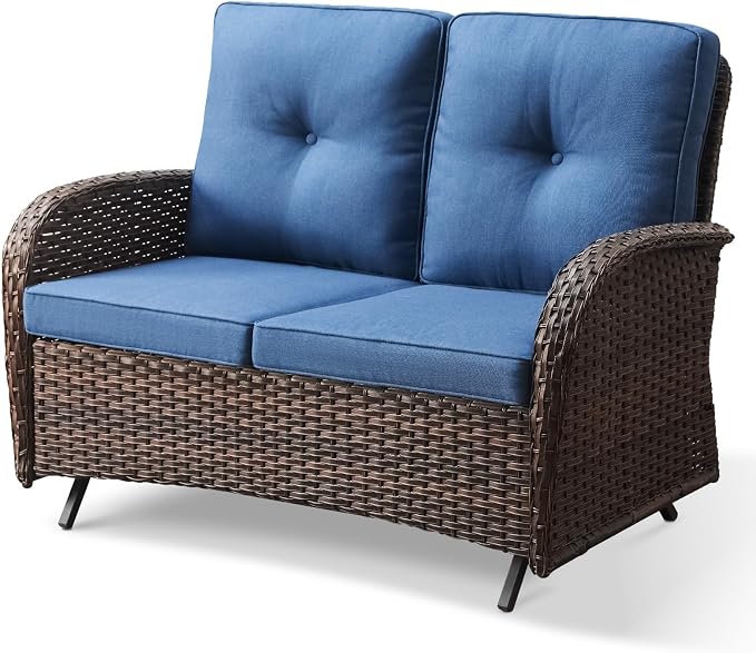 Patio Loveseat Wicker Loveseat Rattan Glider Sofa with Curved Armrest Thicking Back & Seat Cushions for Garden Balcony Backyard Brown Wicker|Blue Cushions (B) Patio Loveseat Glider